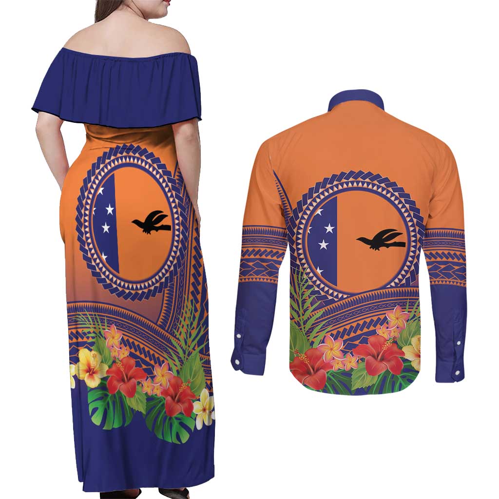 PNG New Ireland Province Couples Matching Off Shoulder Maxi Dress and Long Sleeve Button Shirt Niu Ailan Necklace Polynesian Tattoo - Polynesian Pride