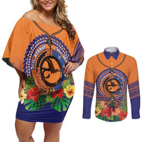 PNG New Ireland Province Couples Matching Off Shoulder Short Dress and Long Sleeve Button Shirt Niu Ailan Necklace Polynesian Tattoo - Polynesian Pride