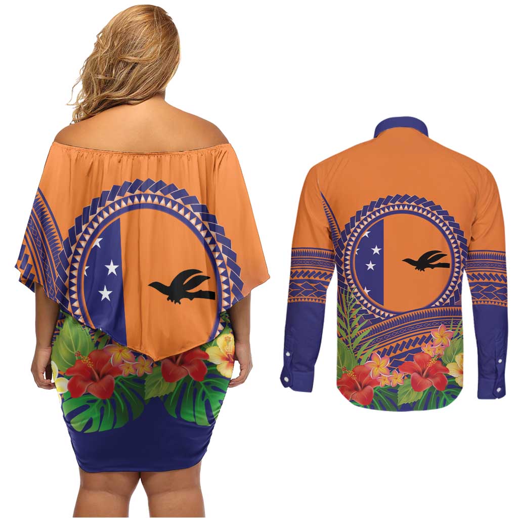 PNG New Ireland Province Couples Matching Off Shoulder Short Dress and Long Sleeve Button Shirt Niu Ailan Necklace Polynesian Tattoo - Polynesian Pride
