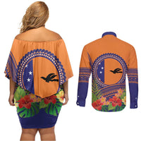 PNG New Ireland Province Couples Matching Off Shoulder Short Dress and Long Sleeve Button Shirt Niu Ailan Necklace Polynesian Tattoo - Polynesian Pride