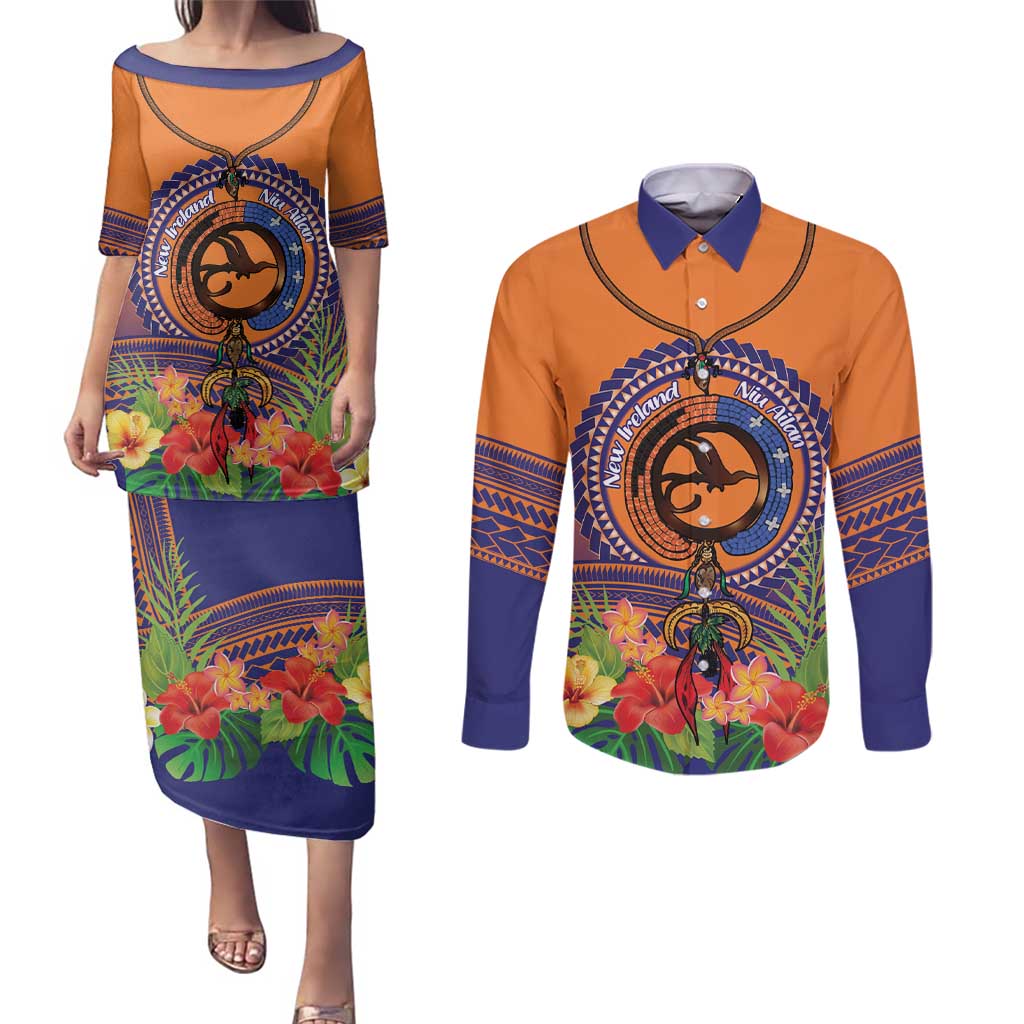 PNG New Ireland Province Couples Matching Puletasi and Long Sleeve Button Shirt Niu Ailan Necklace Polynesian Tattoo - Polynesian Pride