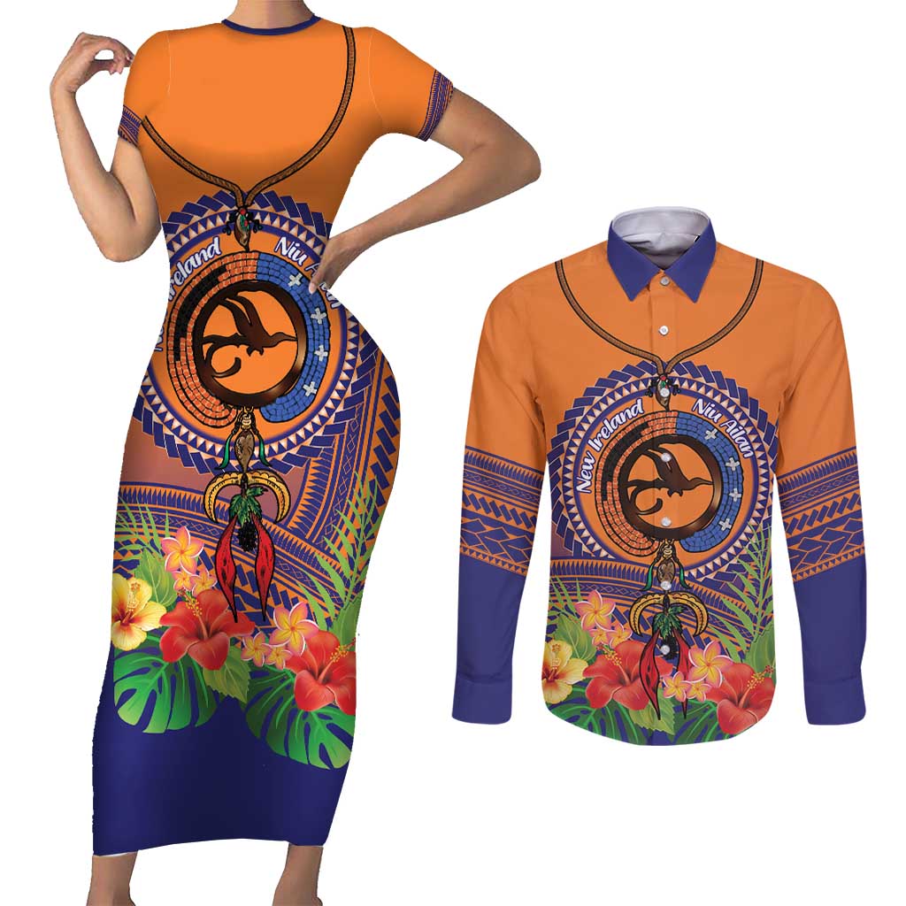 PNG New Ireland Province Couples Matching Short Sleeve Bodycon Dress and Long Sleeve Button Shirt Niu Ailan Necklace Polynesian Tattoo - Polynesian Pride
