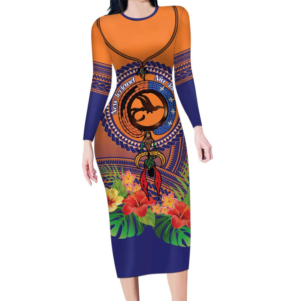 PNG New Ireland Province Long Sleeve Bodycon Dress Niu Ailan Necklace Polynesian Tattoo LT14 Long Dress Orange - Polynesian Pride