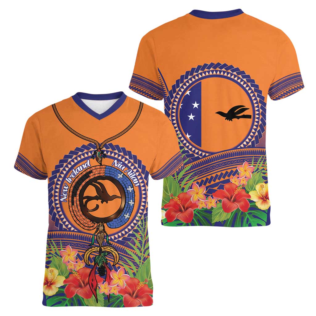 PNG New Ireland Province Women V-Neck T-Shirt Niu Ailan Necklace Polynesian Tattoo - Polynesian Pride