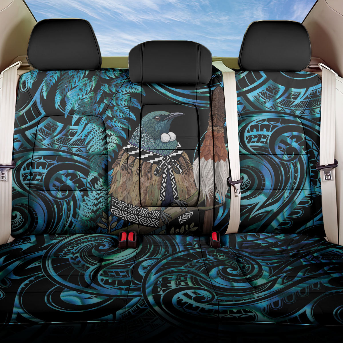 New Zealand Tui Bird Taiaha Back Car Seat Cover Maori Weapon Paua Shell Mix Silver Fern