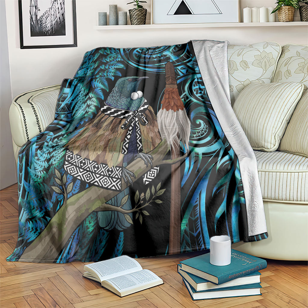 New Zealand Tui Bird Taiaha Blanket Maori Weapon Paua Shell Mix Silver Fern LT14 Turquoise - Polynesian Pride