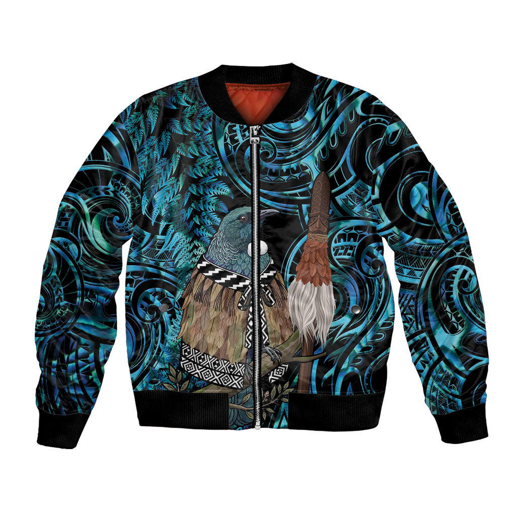 New Zealand Tui Bird Taiaha Bomber Jacket Maori Weapon Paua Shell Mix Silver Fern LT14 Unisex Turquoise - Polynesian Pride