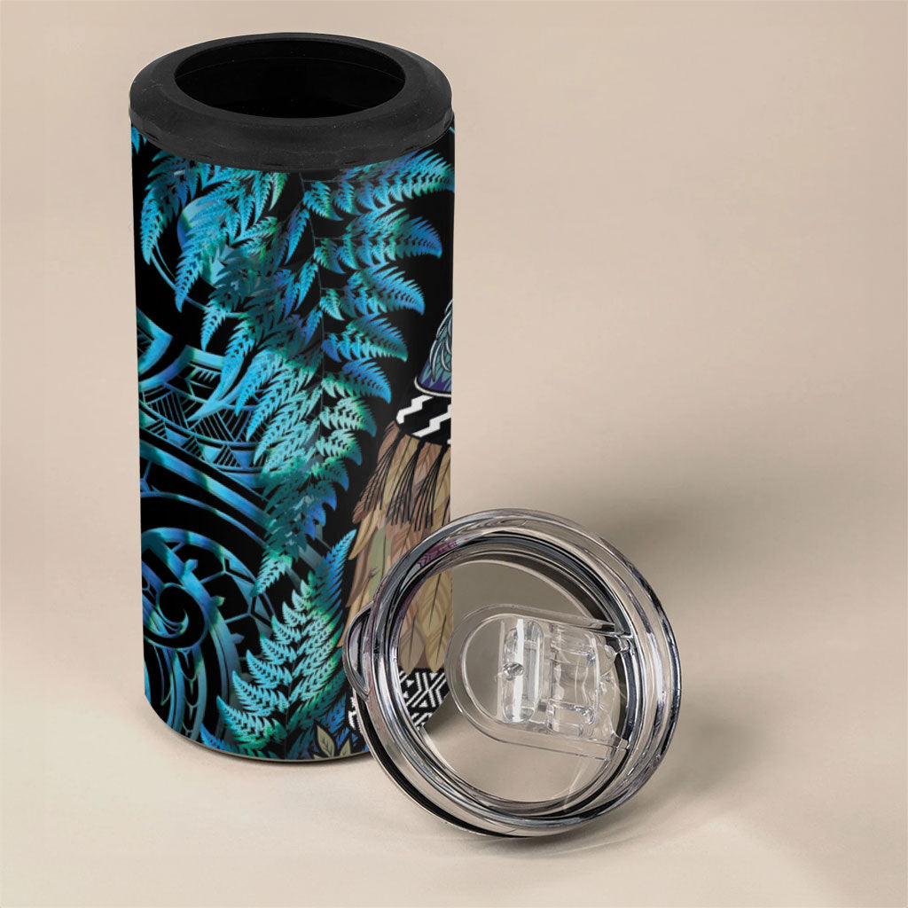 New Zealand Tui Bird Taiaha 4 in 1 Can Cooler Tumbler Maori Weapon Paua Shell Mix Silver Fern