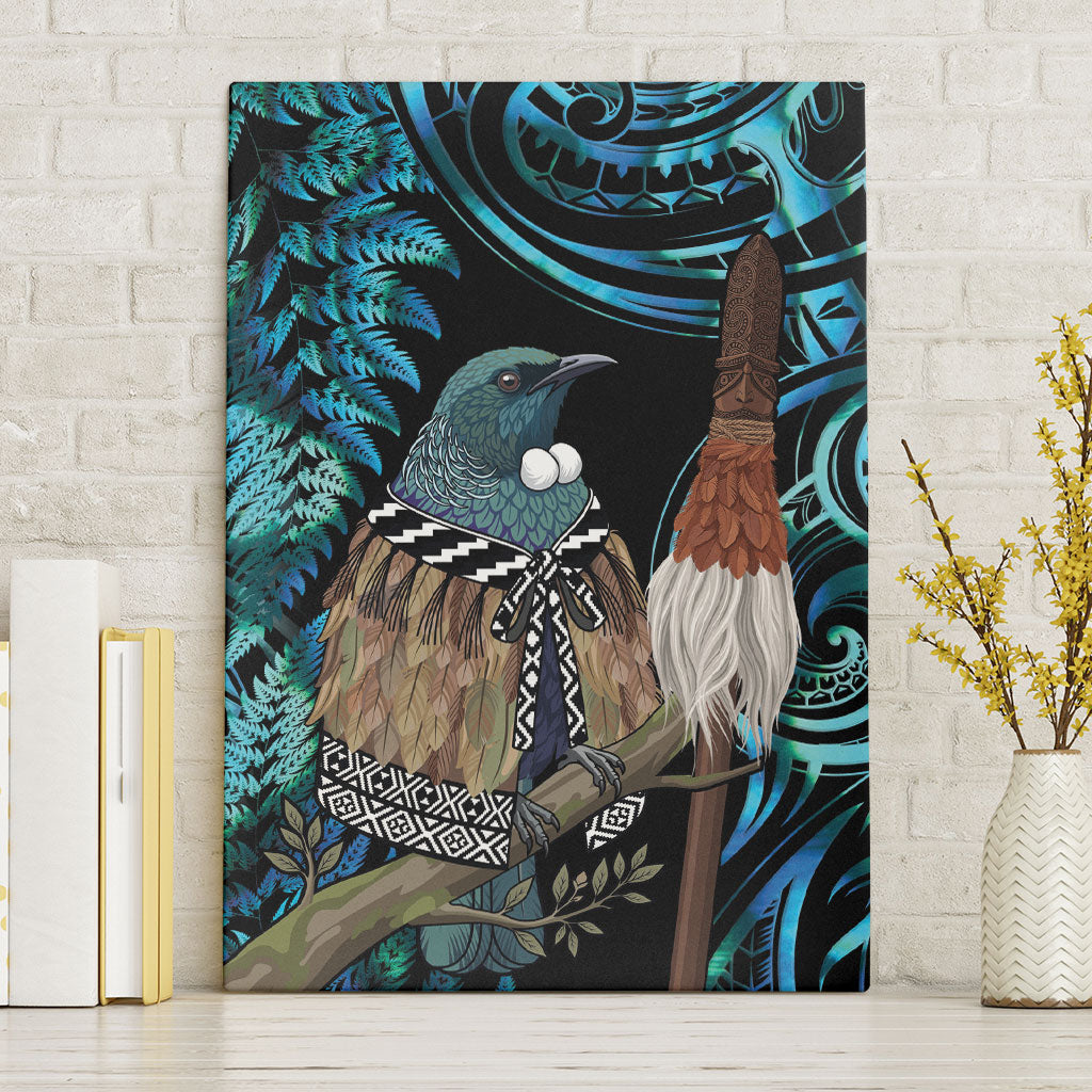 New Zealand Tui Bird Taiaha Canvas Wall Art Maori Weapon Paua Shell Mix Silver Fern LT14 Without Frame Turquoise - Polynesian Pride