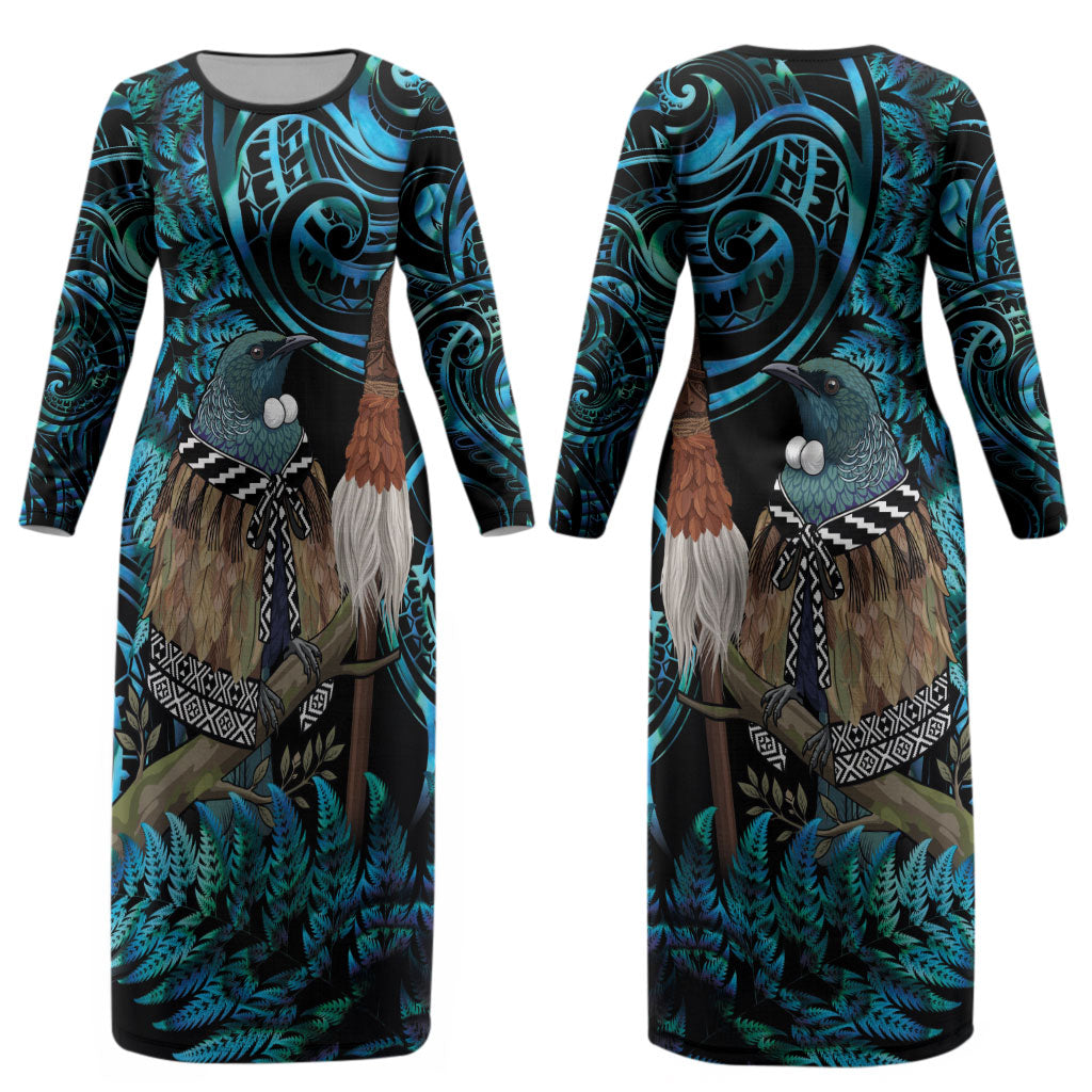 New Zealand Tui Bird Taiaha Couples Matching Long Sleeve Bodycon Dress and Long Sleeve Button Shirt Maori Weapon Paua Shell Mix Silver Fern LT14 - Polynesian Pride