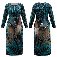 New Zealand Tui Bird Taiaha Couples Matching Long Sleeve Bodycon Dress and Long Sleeve Button Shirt Maori Weapon Paua Shell Mix Silver Fern LT14 - Polynesian Pride