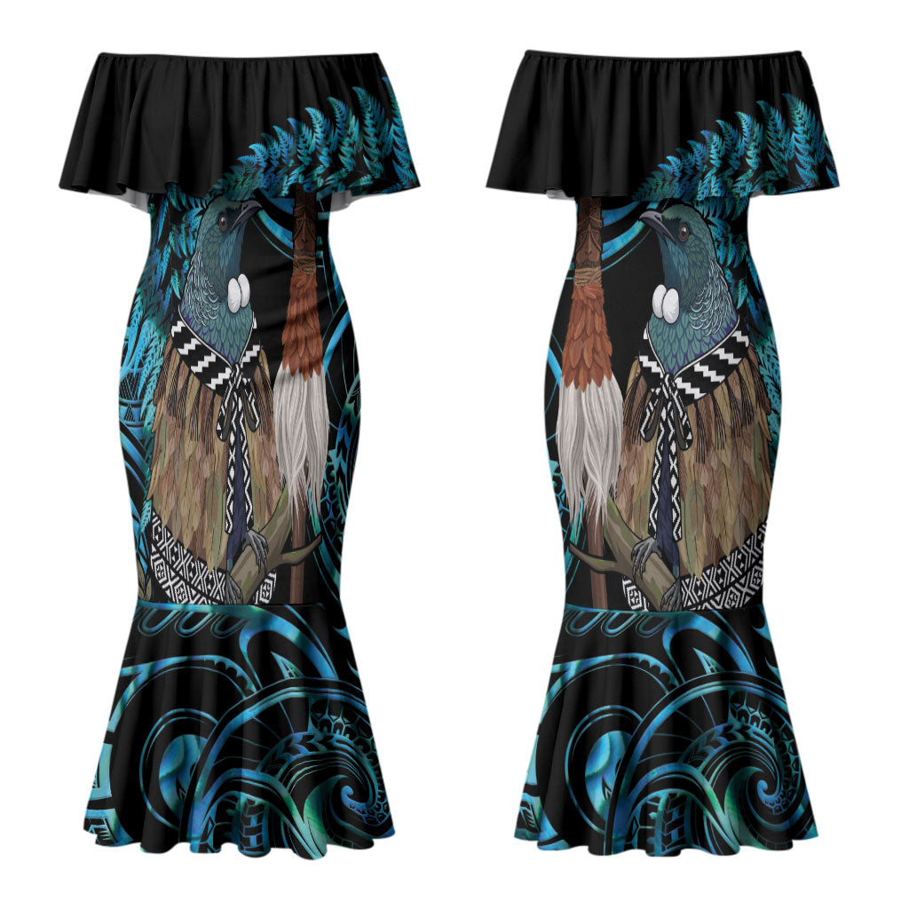 New Zealand Tui Bird Taiaha Couples Matching Mermaid Dress and Long Sleeve Button Shirt Maori Weapon Paua Shell Mix Silver Fern LT14 - Polynesian Pride