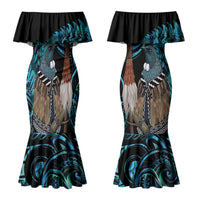 New Zealand Tui Bird Taiaha Couples Matching Mermaid Dress and Long Sleeve Button Shirt Maori Weapon Paua Shell Mix Silver Fern LT14 - Polynesian Pride
