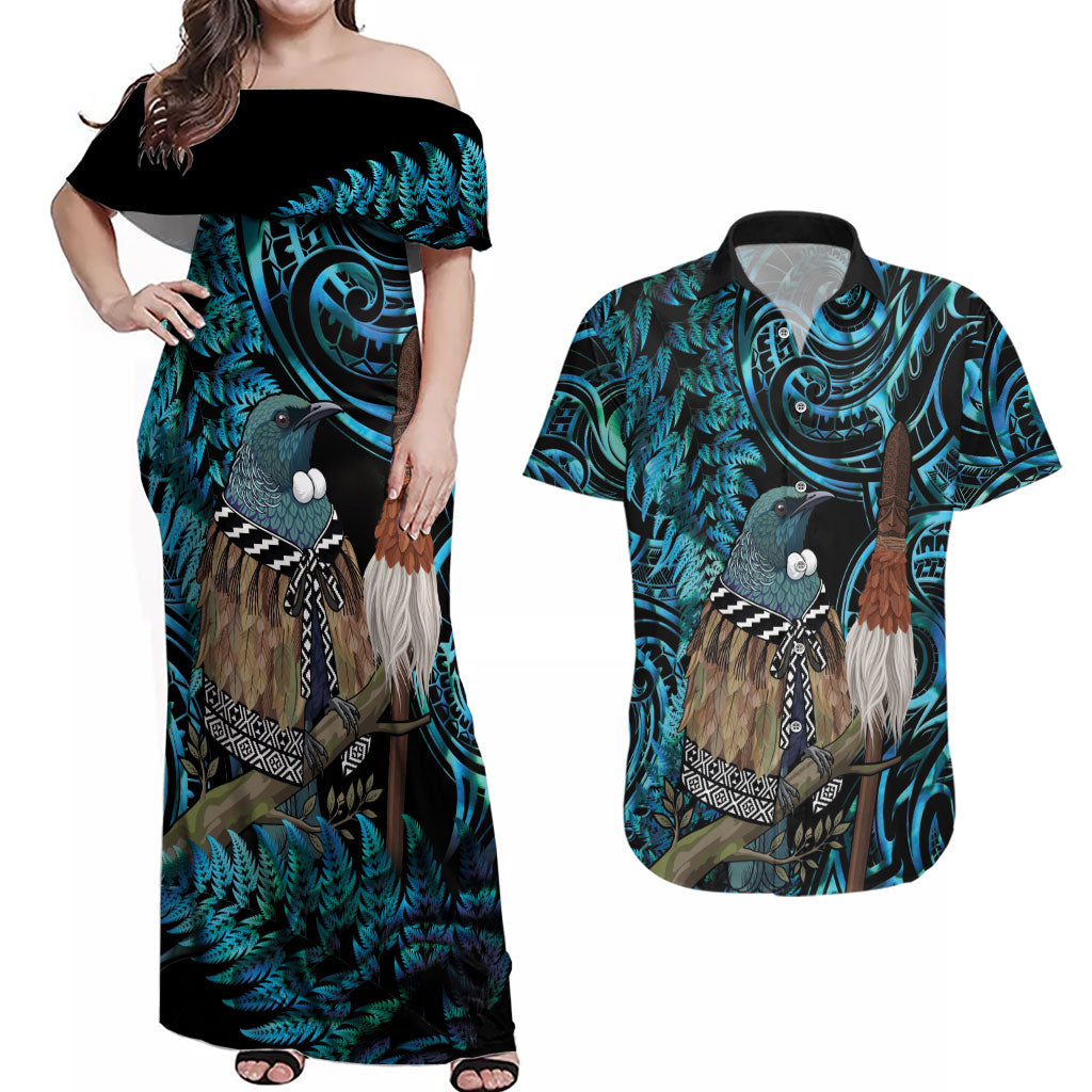 New Zealand Tui Bird Taiaha Couples Matching Off Shoulder Maxi Dress and Hawaiian Shirt Maori Weapon Paua Shell Mix Silver Fern LT14 Turquoise - Polynesian Pride