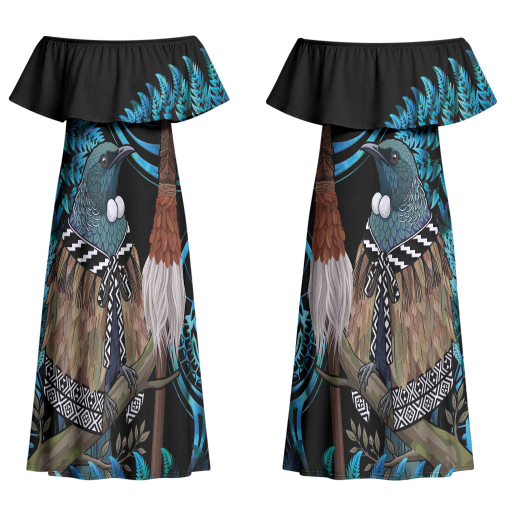 New Zealand Tui Bird Taiaha Couples Matching Off Shoulder Maxi Dress and Hawaiian Shirt Maori Weapon Paua Shell Mix Silver Fern LT14 - Polynesian Pride