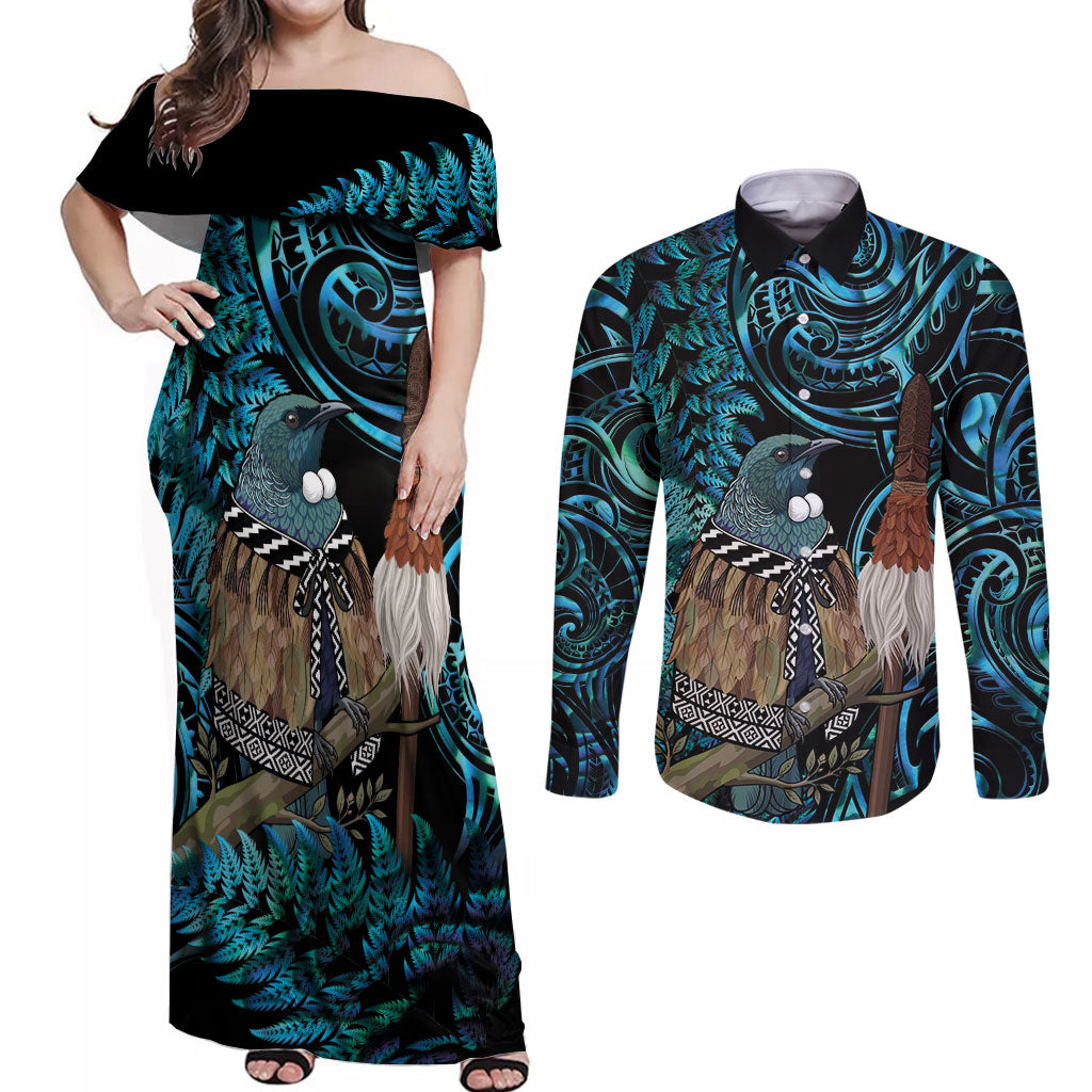 New Zealand Tui Bird Taiaha Couples Matching Off Shoulder Maxi Dress and Long Sleeve Button Shirt Maori Weapon Paua Shell Mix Silver Fern