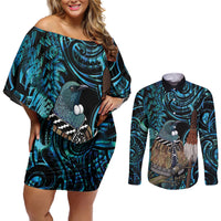 New Zealand Tui Bird Taiaha Couples Matching Off Shoulder Short Dress and Long Sleeve Button Shirt Maori Weapon Paua Shell Mix Silver Fern