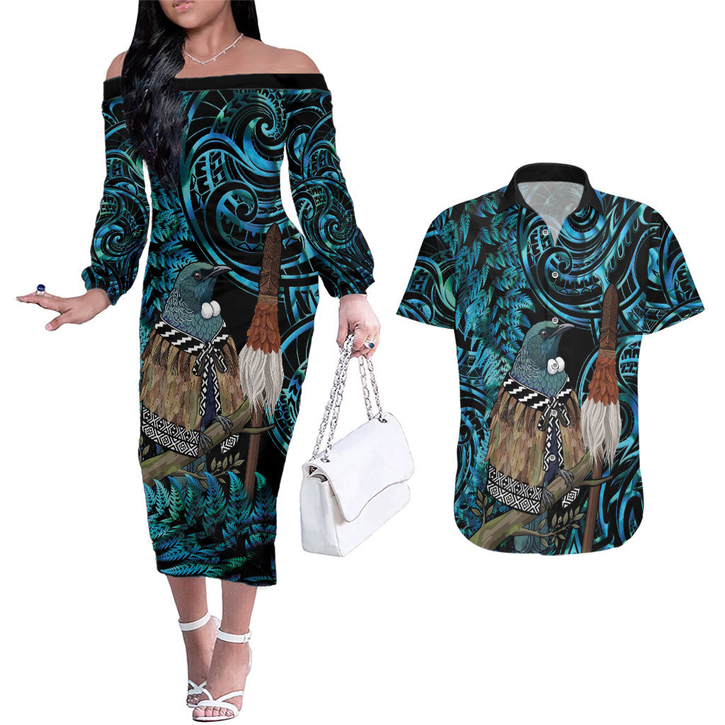 New Zealand Tui Bird Taiaha Couples Matching Off The Shoulder Long Sleeve Dress and Hawaiian Shirt Maori Weapon Paua Shell Mix Silver Fern LT14 Turquoise - Polynesian Pride