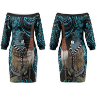 New Zealand Tui Bird Taiaha Couples Matching Off The Shoulder Long Sleeve Dress and Hawaiian Shirt Maori Weapon Paua Shell Mix Silver Fern LT14 - Polynesian Pride
