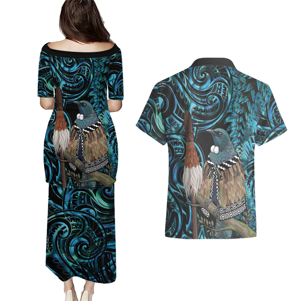 New Zealand Tui Bird Taiaha Couples Matching Puletasi and Hawaiian Shirt Maori Weapon Paua Shell Mix Silver Fern