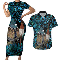 New Zealand Tui Bird Taiaha Couples Matching Short Sleeve Bodycon Dress and Hawaiian Shirt Maori Weapon Paua Shell Mix Silver Fern