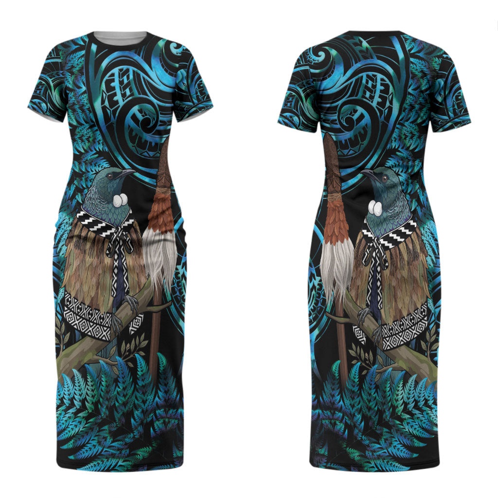 New Zealand Tui Bird Taiaha Couples Matching Short Sleeve Bodycon Dress and Long Sleeve Button Shirt Maori Weapon Paua Shell Mix Silver Fern LT14 - Polynesian Pride