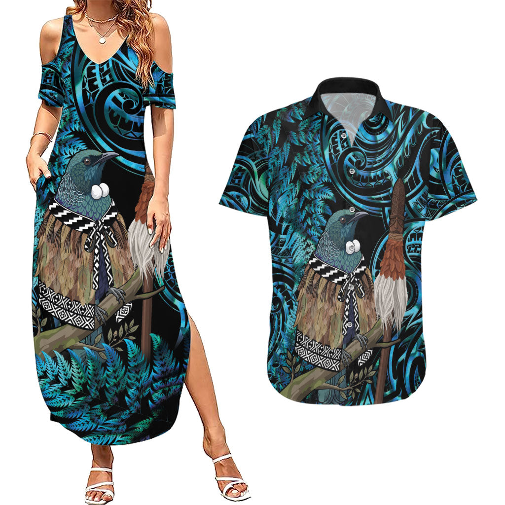 New Zealand Tui Bird Taiaha Couples Matching Summer Maxi Dress and Hawaiian Shirt Maori Weapon Paua Shell Mix Silver Fern LT14 Turquoise - Polynesian Pride