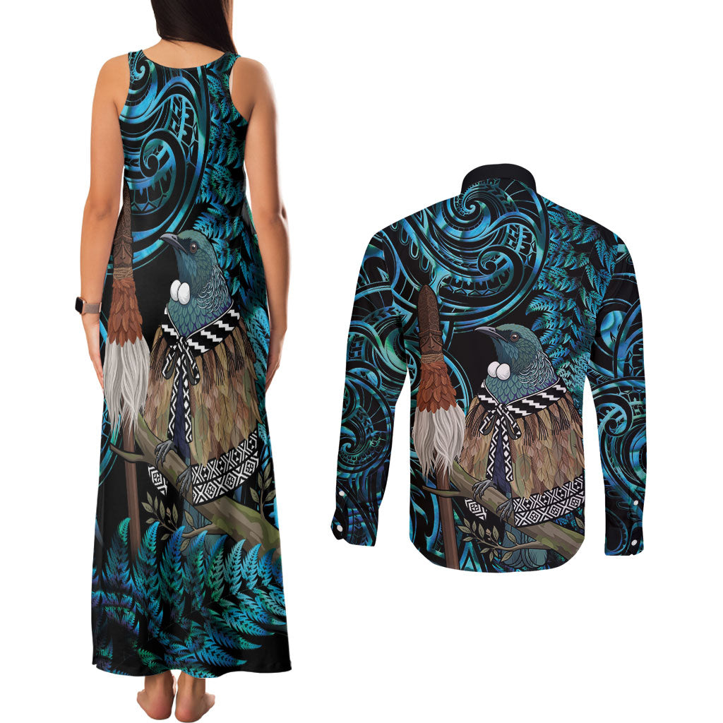 New Zealand Tui Bird Taiaha Couples Matching Tank Maxi Dress and Long Sleeve Button Shirt Maori Weapon Paua Shell Mix Silver Fern