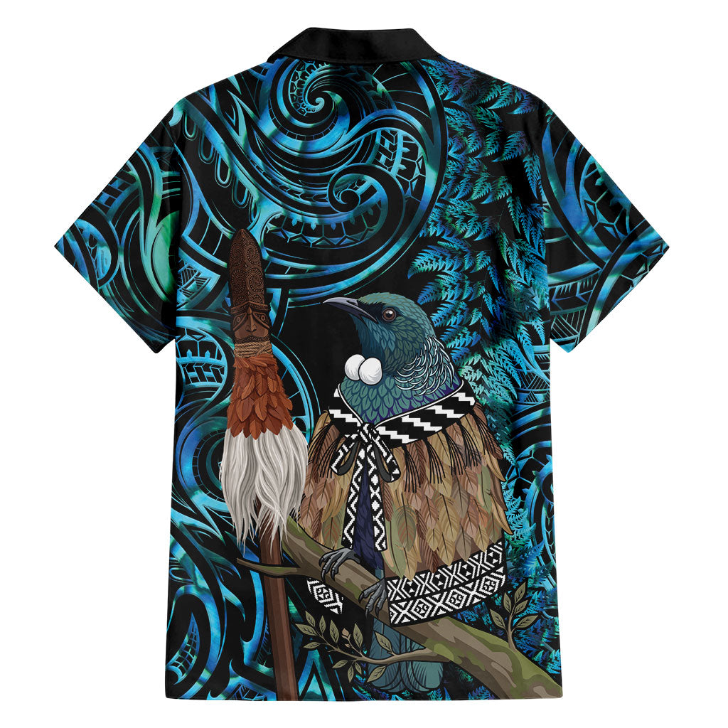 New Zealand Tui Bird Taiaha Family Matching Long Sleeve Bodycon Dress and Hawaiian Shirt Maori Weapon Paua Shell Mix Silver Fern
