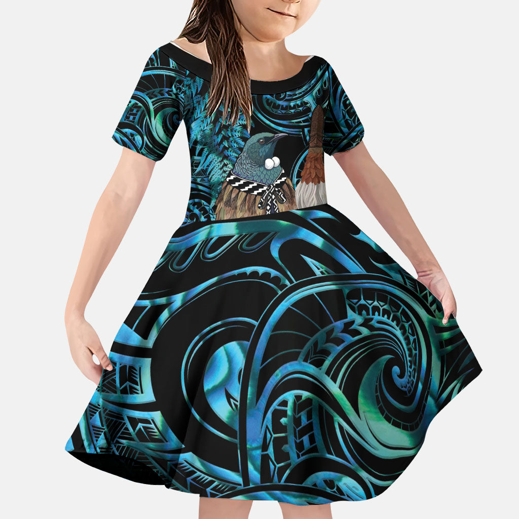 New Zealand Tui Bird Taiaha Family Matching Mermaid Dress and Hawaiian Shirt Maori Weapon Paua Shell Mix Silver Fern