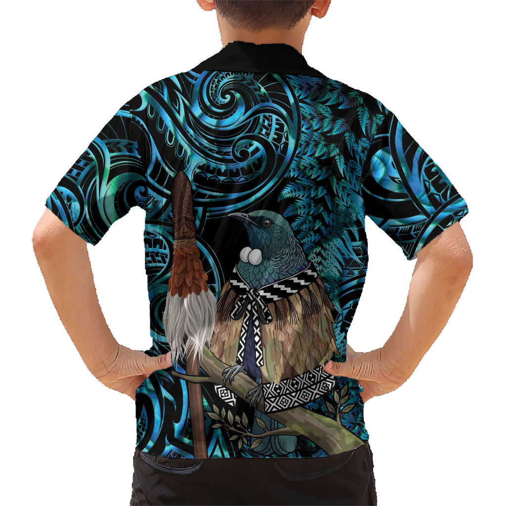 New Zealand Tui Bird Taiaha Family Matching Off The Shoulder Long Sleeve Dress and Hawaiian Shirt Maori Weapon Paua Shell Mix Silver Fern