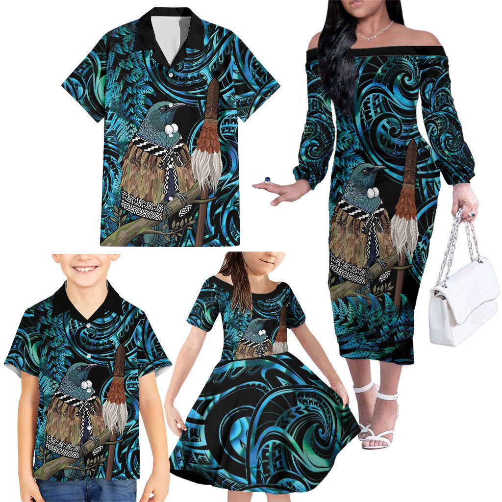 New Zealand Tui Bird Taiaha Family Matching Off The Shoulder Long Sleeve Dress and Hawaiian Shirt Maori Weapon Paua Shell Mix Silver Fern