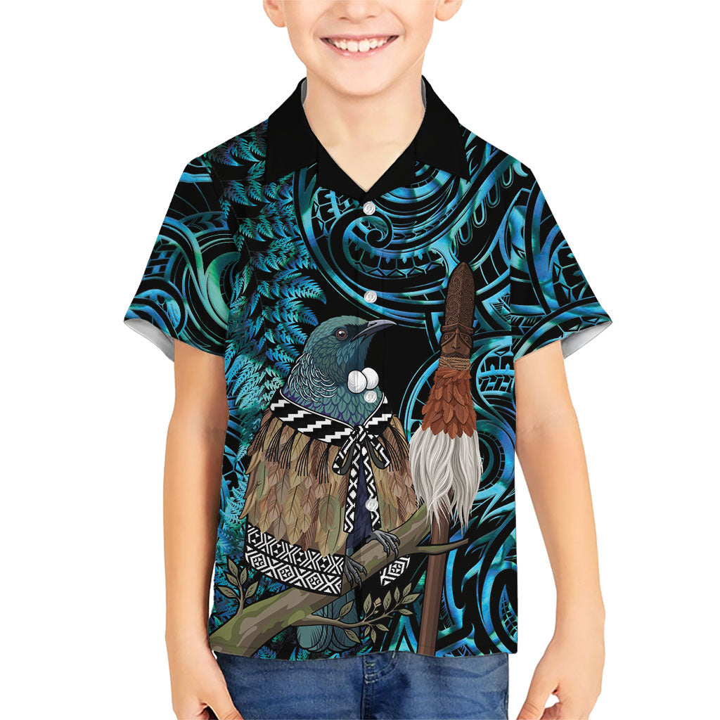 New Zealand Tui Bird Taiaha Family Matching Off The Shoulder Long Sleeve Dress and Hawaiian Shirt Maori Weapon Paua Shell Mix Silver Fern