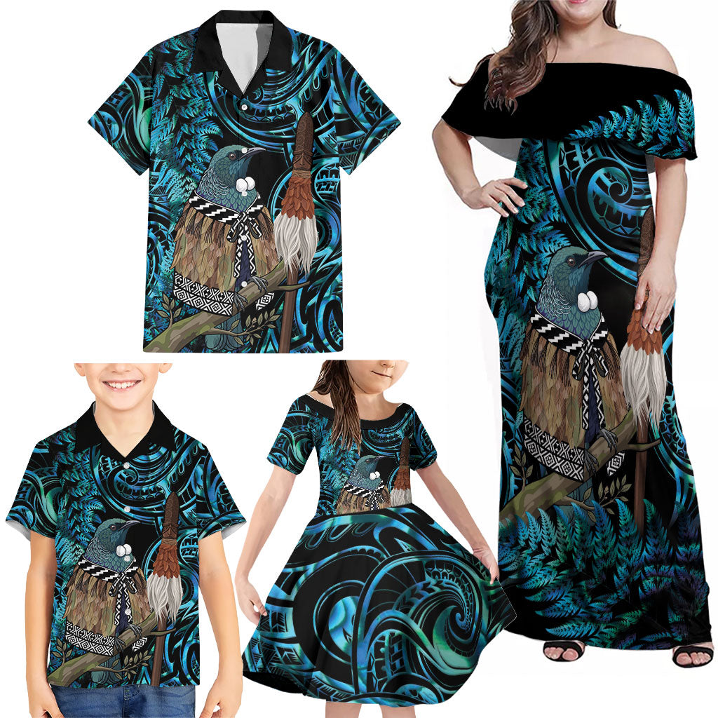 New Zealand Tui Bird Taiaha Family Matching Off Shoulder Maxi Dress and Hawaiian Shirt Maori Weapon Paua Shell Mix Silver Fern