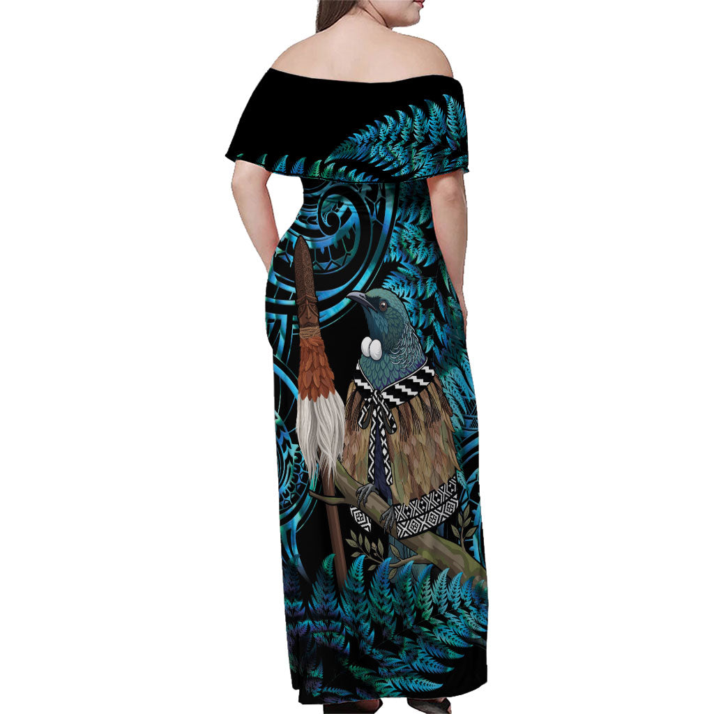New Zealand Tui Bird Taiaha Family Matching Off Shoulder Maxi Dress and Hawaiian Shirt Maori Weapon Paua Shell Mix Silver Fern