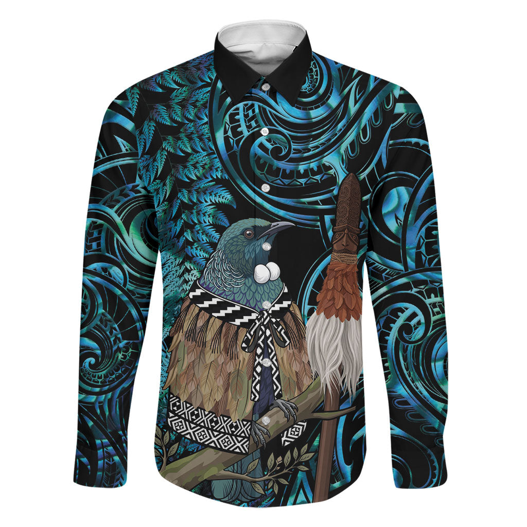 New Zealand Tui Bird Taiaha Family Matching Off Shoulder Short Dress and Hawaiian Shirt Maori Weapon Paua Shell Mix Silver Fern