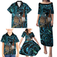 New Zealand Tui Bird Taiaha Family Matching Puletasi and Hawaiian Shirt Maori Weapon Paua Shell Mix Silver Fern