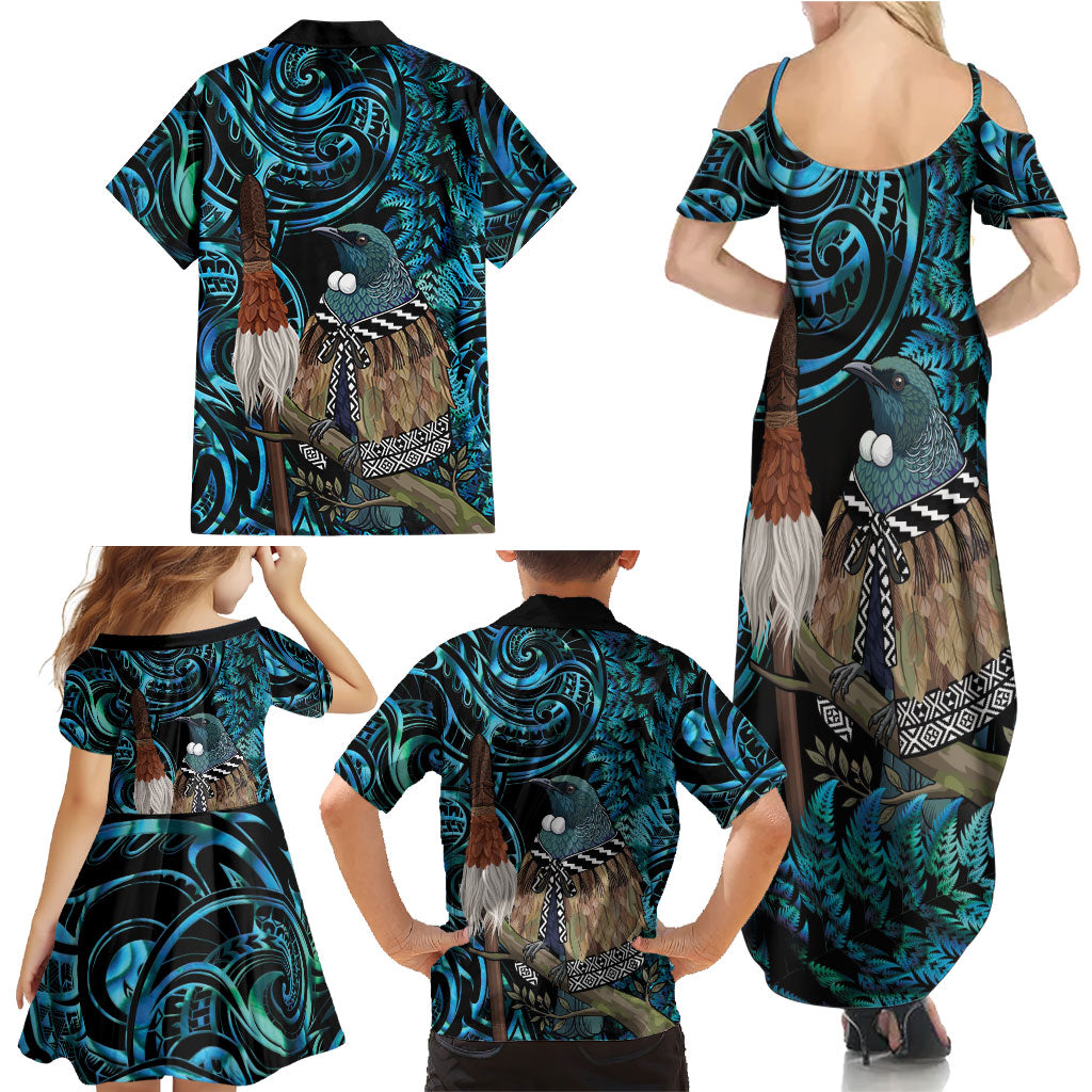 New Zealand Tui Bird Taiaha Family Matching Summer Maxi Dress and Hawaiian Shirt Maori Weapon Paua Shell Mix Silver Fern