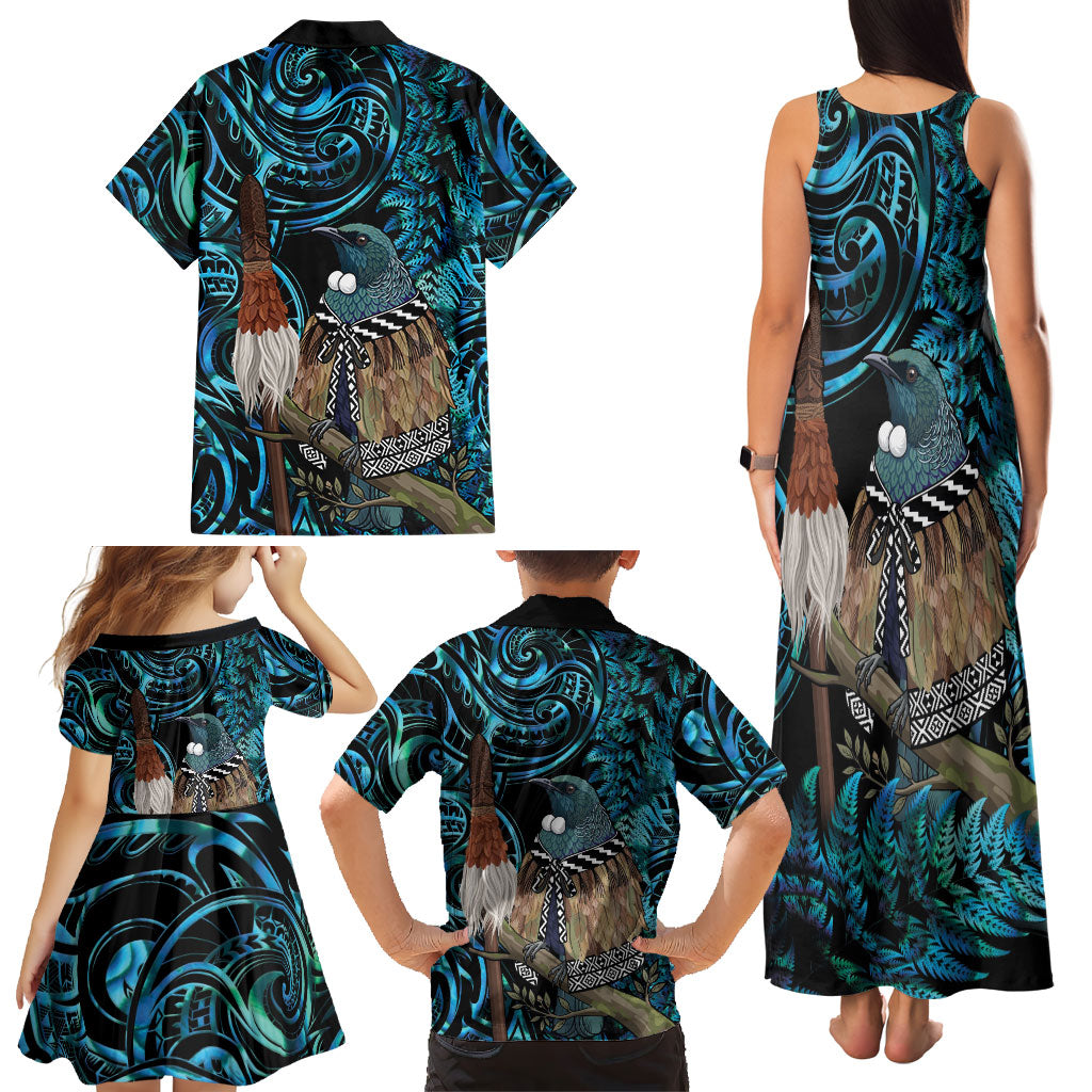 New Zealand Tui Bird Taiaha Family Matching Tank Maxi Dress and Hawaiian Shirt Maori Weapon Paua Shell Mix Silver Fern