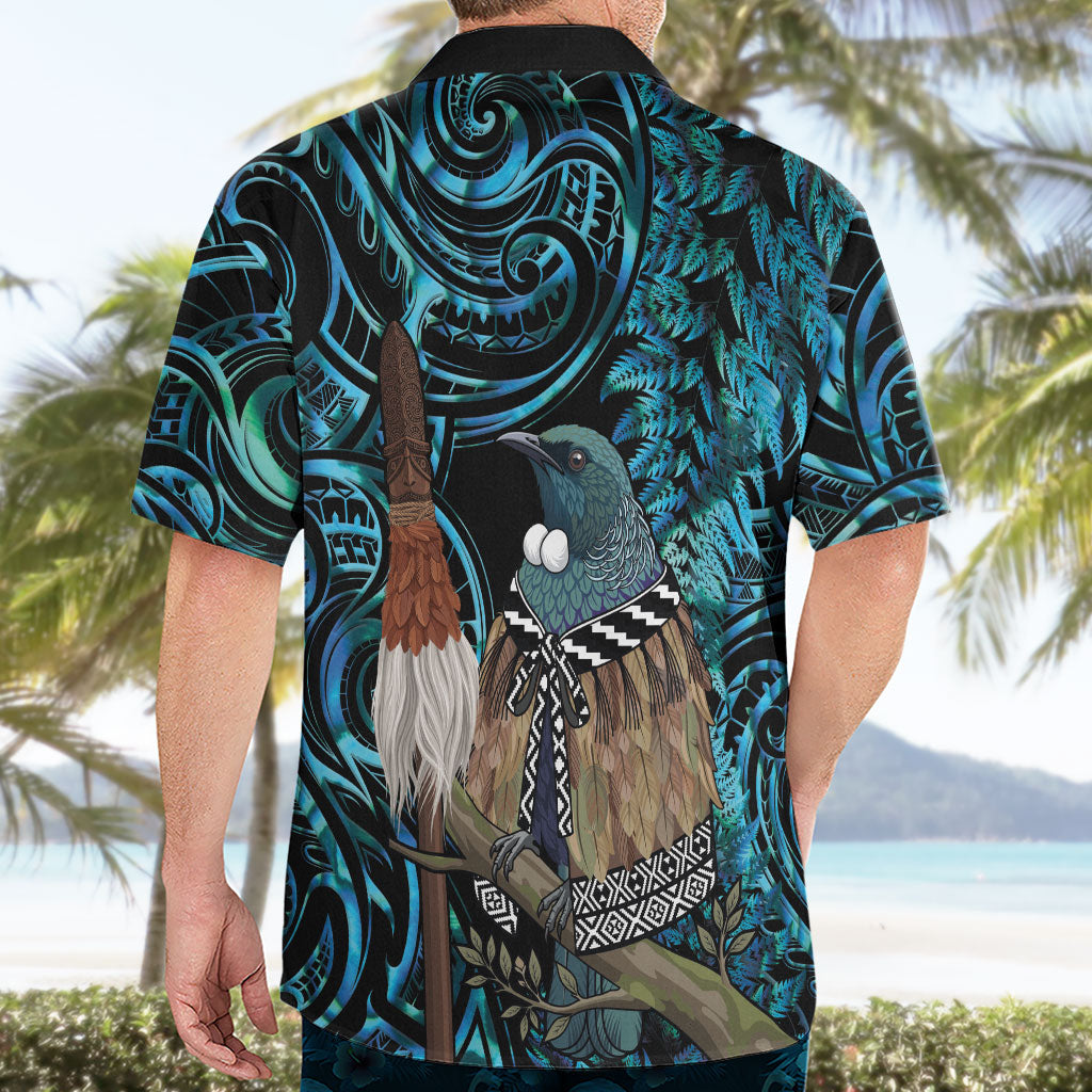 New Zealand Tui Bird Taiaha Hawaiian Shirt Maori Weapon Paua Shell Mix Silver Fern