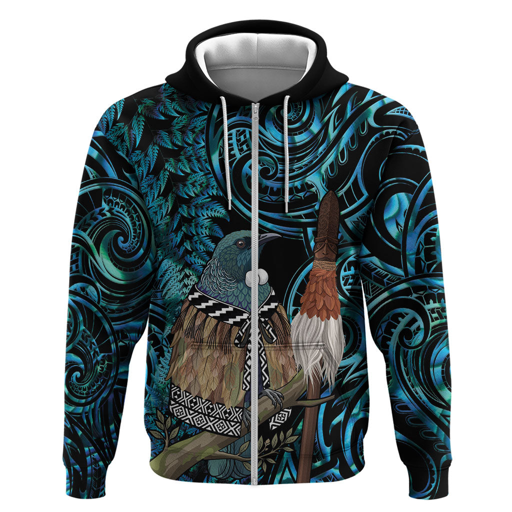 New Zealand Tui Bird Taiaha Hoodie Maori Weapon Paua Shell Mix Silver Fern
