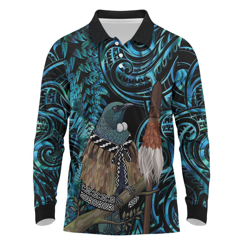 New Zealand Tui Bird Taiaha Long Sleeve Polo Shirt Maori Weapon Paua Shell Mix Silver Fern