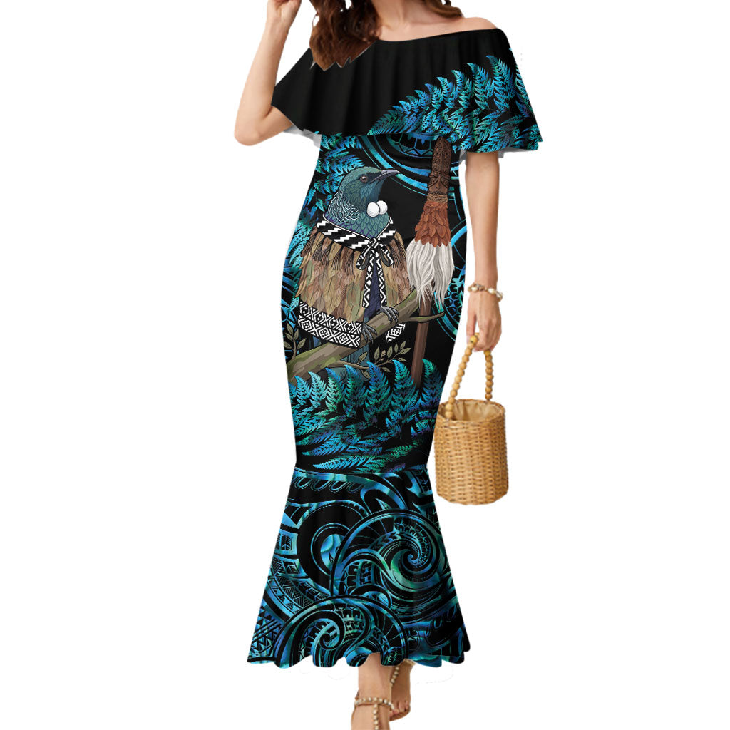New Zealand Tui Bird Taiaha Mermaid Dress Maori Weapon Paua Shell Mix Silver Fern