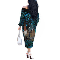 New Zealand Tui Bird Taiaha Off The Shoulder Long Sleeve Dress Maori Weapon Paua Shell Mix Silver Fern