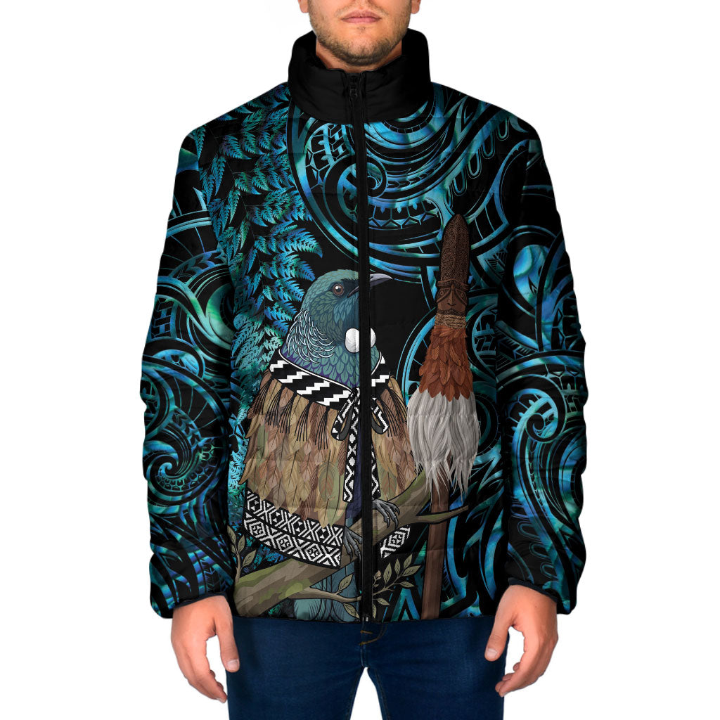 New Zealand Tui Bird Taiaha Padded Jacket Maori Weapon Paua Shell Mix Silver Fern