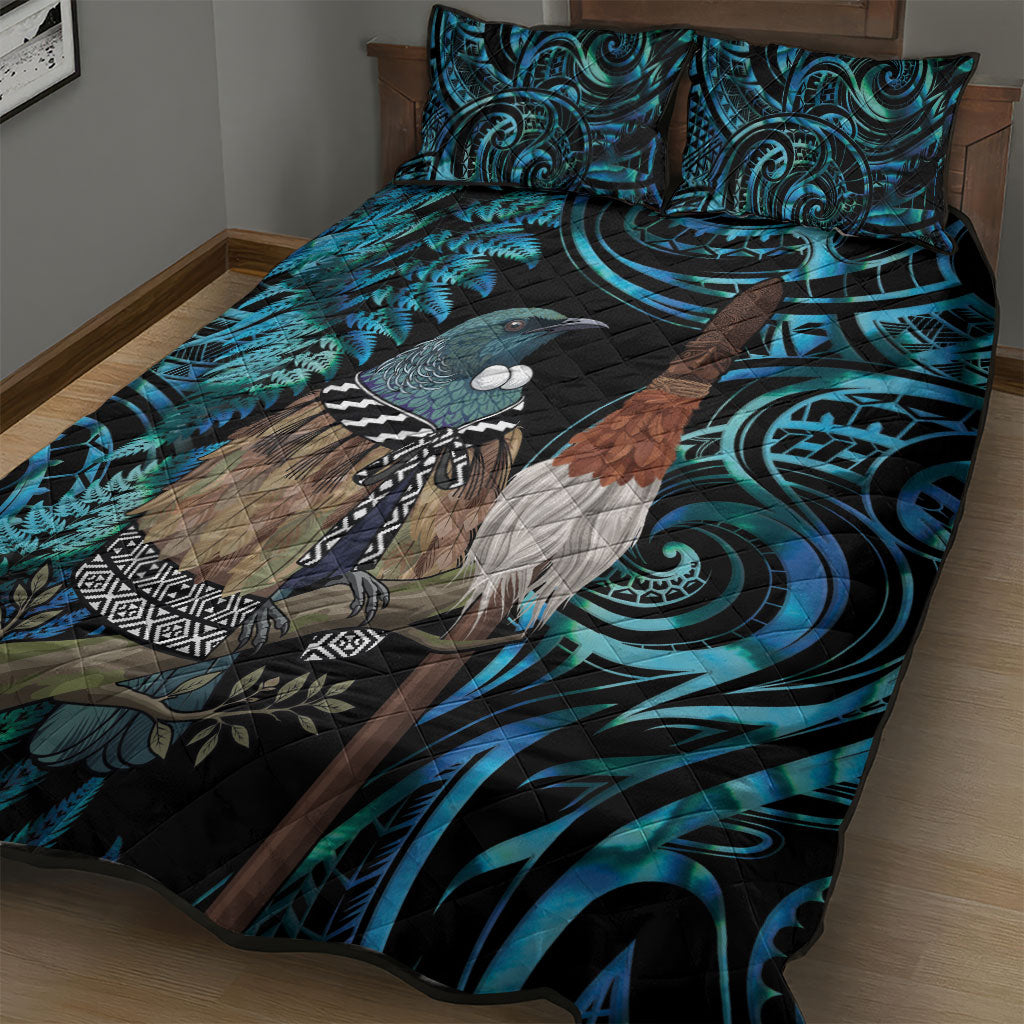 New Zealand Tui Bird Taiaha Quilt Bed Set Maori Weapon Paua Shell Mix Silver Fern