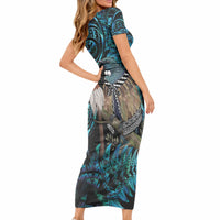 New Zealand Tui Bird Taiaha Short Sleeve Bodycon Dress Maori Weapon Paua Shell Mix Silver Fern LT14 - Polynesian Pride