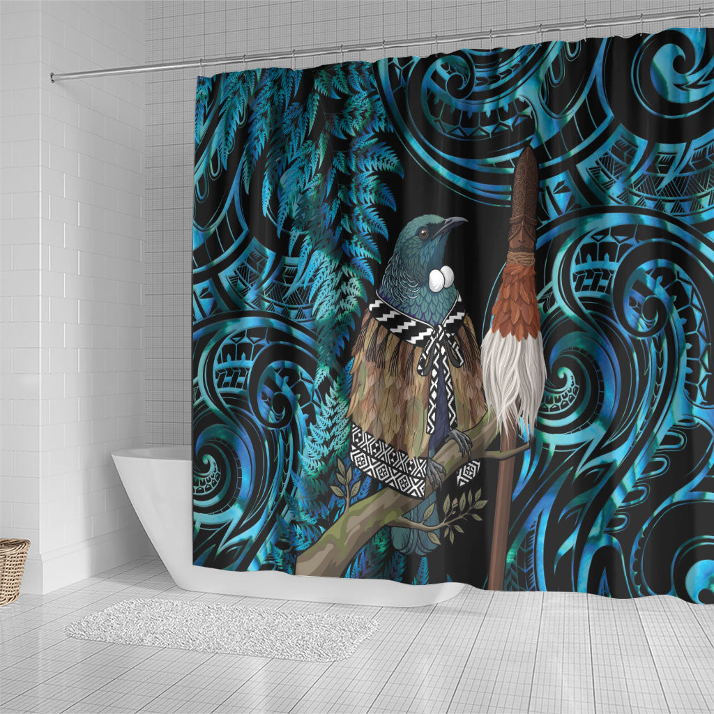 New Zealand Tui Bird Taiaha Shower Curtain Maori Weapon Paua Shell Mix Silver Fern