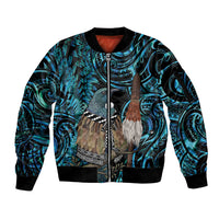 New Zealand Tui Bird Taiaha Sleeve Zip Bomber Jacket Maori Weapon Paua Shell Mix Silver Fern
