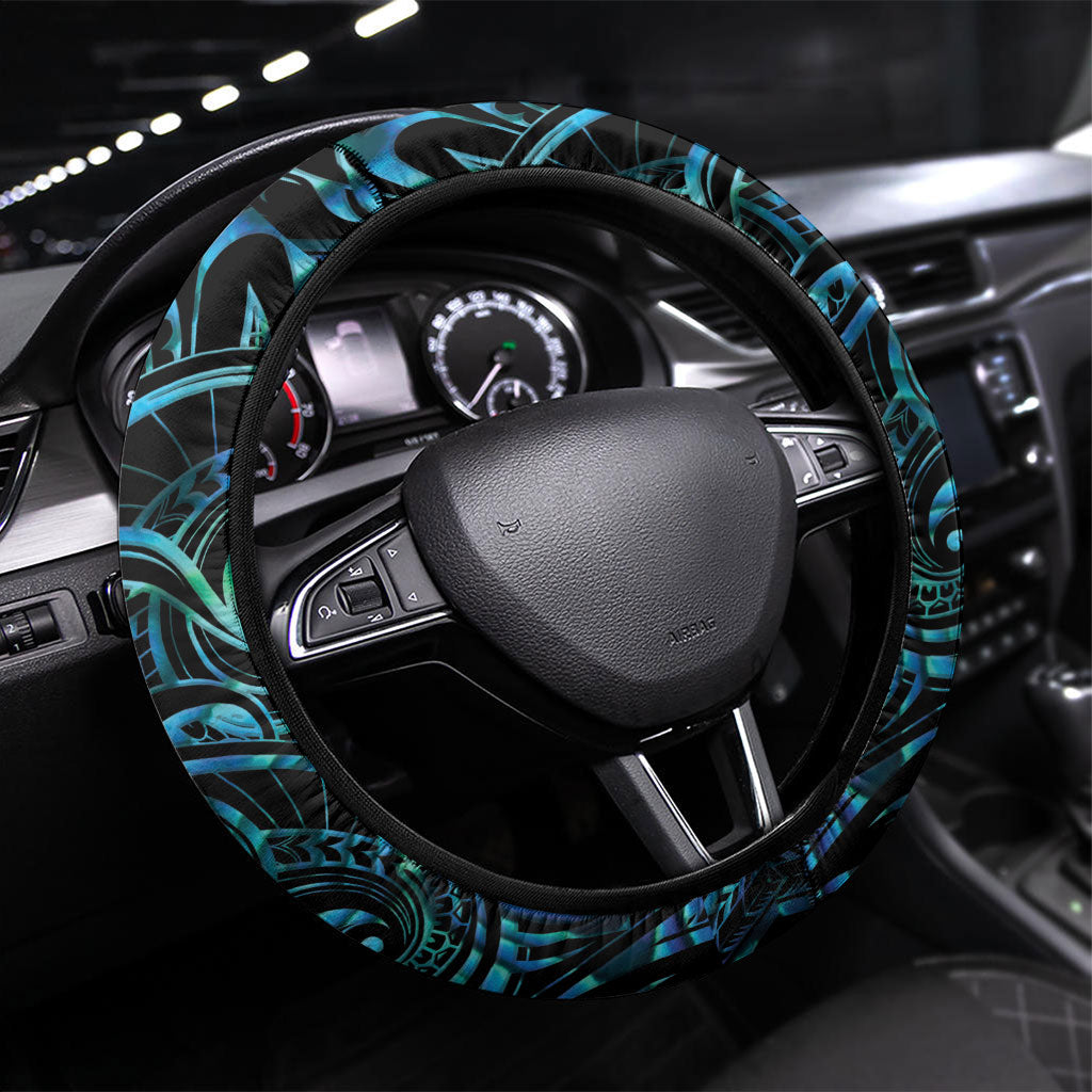 New Zealand Tui Bird Taiaha Steering Wheel Cover Maori Weapon Paua Shell Mix Silver Fern LT14 Universal Fit Turquoise - Polynesian Pride